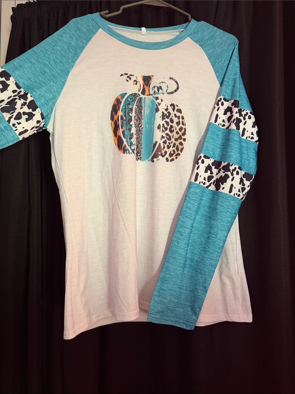 Women’s Teal and White Pumpkin Graphic Raglan Top